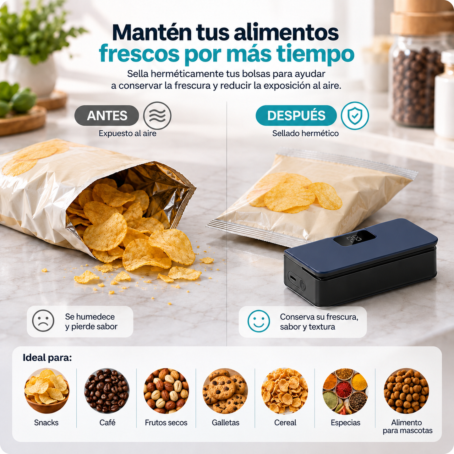Comparación de una bolsa abierta y una bolsa sellada para conservar alimentos